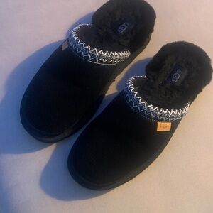 UGG Black Slippers with Fuzzy Trim